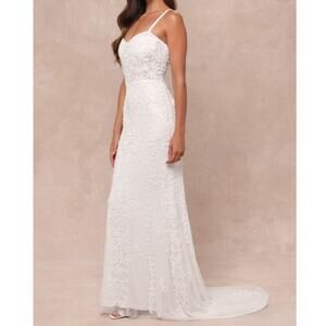 Lulus Lux Bridal NWT Momentous Love White Beaded Bustier Mesh Mermaid Maxi Dress